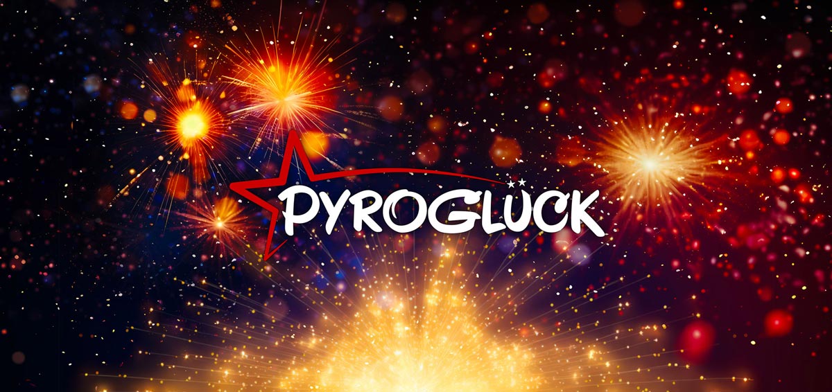 Logo Pyroglück umgeben von bunten Feuerwerkslichtern