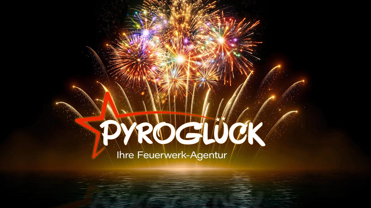 Pyroglück Logo vor Feuerwerkskulisse