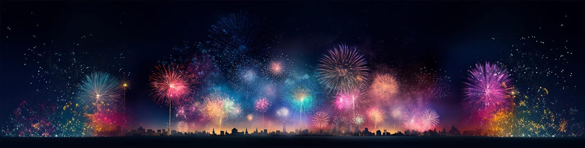 Skyline einer Stadt mit Feuerwerk am Himmel